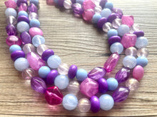 Load image into Gallery viewer, Summer Sunday Chunky Statement Necklace, pink purple blue beaded jewelry, Multi Strand Bib periwinkle Resin Beaded necklace bubblegum