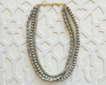 Load image into Gallery viewer, Gray Birch Wood 3 Strand Beaded Necklace, vintage tan Jewelry Chunky statement necklace, big beaded necklace geometric boho dark painted