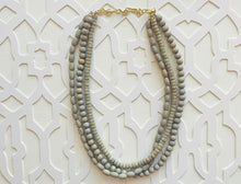 Load image into Gallery viewer, Gray Birch Wood 3 Strand Beaded Necklace, vintage tan Jewelry Chunky statement necklace, big beaded necklace geometric boho dark painted