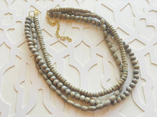 Load image into Gallery viewer, Gray Birch Wood 3 Strand Beaded Necklace, vintage tan Jewelry Chunky statement necklace, big beaded necklace geometric boho dark painted