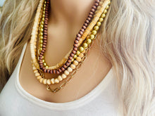 Load image into Gallery viewer, Gold & Brown statement necklace, chunky bib beaded jewelry 5 strand neutral necklace, wood multi strand wood, Traveler Collection