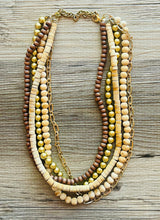 Load image into Gallery viewer, Gold & Brown statement necklace, chunky bib beaded jewelry 5 strand neutral necklace, wood multi strand wood, Traveler Collection