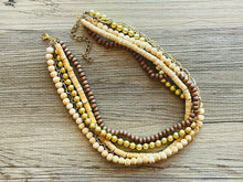 Load image into Gallery viewer, Gold & Brown statement necklace, chunky bib beaded jewelry 5 strand neutral necklace, wood multi strand wood, Traveler Collection