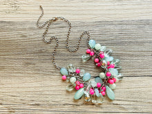 Load image into Gallery viewer, Green & pink Cluster Necklace, silver and green beaded necklace, holiday jewelry, neon pink crystal necklace bib statement Necklace
