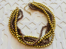 Load image into Gallery viewer, Gold & Brown statement necklace, chunky bib beaded jewelry 6 strand neutral necklace, wood multi strand wood, Traveler Collection metallic