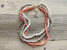 Load image into Gallery viewer, Coral Gray & Gold statement necklace, chunky bib beaded jewelry 4 strand neutral, wood multi strand wood thick bib vintage