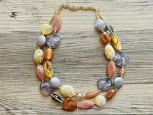 Load image into Gallery viewer, Coffee Shop Gold Statement Necklace, multi strand jewelry, big beaded chunky statement necklace, rosegold cream brown neutral champagne