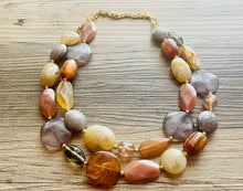 Load image into Gallery viewer, Coffee Shop Gold Statement Necklace, multi strand jewelry, big beaded chunky statement necklace, rosegold cream brown neutral champagne