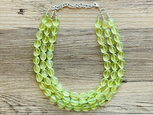 Load image into Gallery viewer, Cucumber Green Chunky Statement Necklace & Stretch Bracelet set, Triple Strand Beaded Jewelry, light green jewelry, bridesmaid jelly bean