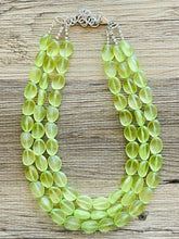 Load image into Gallery viewer, Cucumber Green Chunky Statement Necklace & Stretch Bracelet set, Triple Strand Beaded Jewelry, light green jewelry, bridesmaid jelly bean