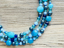 Load image into Gallery viewer, Skinny Dip! Blue Beaded Statement jewelry, Chunky Beaded Necklace, navy blue Jewelry Necklace, beaded aqua turquoise royal Geometric