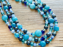 Load image into Gallery viewer, Skinny Dip! Blue Beaded Statement jewelry, Chunky Beaded Necklace, navy blue Jewelry Necklace, beaded aqua turquoise royal Geometric