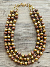Load image into Gallery viewer, Gold & Brown statement necklace, chunky bib beaded jewelry 3 strand neutral necklace, wood multi strand wood, Traveler Collection