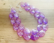 Load image into Gallery viewer, Textured Purple Statement Necklace, Big Beaded necklace, chunky beaded necklace wedding, lavender jewelry, white striped jewelry