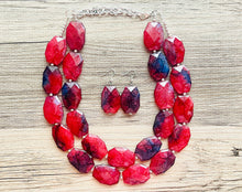Load image into Gallery viewer, Navy Blue & Cherry Red Statement Necklace Jewelry Set, Chunky Jewelry Big Beaded Double Strand Necklace, dark blue cherry Jewelry Set