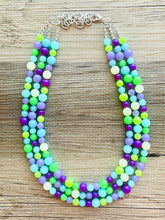 Load image into Gallery viewer, Neon Seascape Statement Necklace, chunky bib beaded jewelry, Summer purple blue green necklace, beaded acrylic jewelry lime aqua