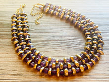 Load image into Gallery viewer, Grape Glass & gold Sparkle Statement Necklace, Chunky 3 Strand Jewelry, purple necklace silver necklace, dark purple eggplant bib necklace