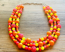 Load image into Gallery viewer, Buzzing Like Neon Statement Necklace, chunky bib beaded jewelry, Summer pink yellow orange necklace, beaded acrylic jewelry hot pink