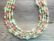 Load image into Gallery viewer, Summer sunshine Yellow Coral Necklace, chunky Jewelry, mint green shell beaded statement, bib yellow jewelry, 4 strand OOAK green jewelry