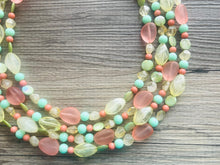 Load image into Gallery viewer, Summer sunshine Yellow Coral Necklace, chunky Jewelry, mint green shell beaded statement, bib yellow jewelry, 4 strand OOAK green jewelry