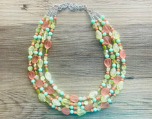 Load image into Gallery viewer, Summer sunshine Yellow Coral Necklace, chunky Jewelry, mint green shell beaded statement, bib yellow jewelry, 4 strand OOAK green jewelry