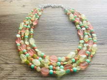 Load image into Gallery viewer, Summer sunshine Yellow Coral Necklace, chunky Jewelry, mint green shell beaded statement, bib yellow jewelry, 4 strand OOAK green jewelry