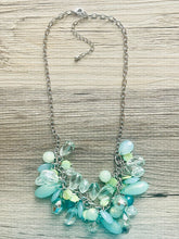 Load image into Gallery viewer, Green Chunky Cluster Necklace, silver and green beaded necklace, holiday jewelry, Shell pearl crystal necklace bib statement Necklace