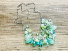 Load image into Gallery viewer, Green Chunky Cluster Necklace, silver and green beaded necklace, holiday jewelry, Shell pearl crystal necklace bib statement Necklace