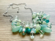 Load image into Gallery viewer, Green Chunky Cluster Necklace, silver and green beaded necklace, holiday jewelry, Shell pearl crystal necklace bib statement Necklace