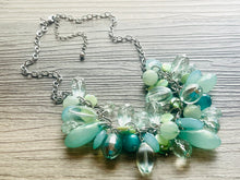 Load image into Gallery viewer, Green Chunky Cluster Necklace, silver and green beaded necklace, holiday jewelry, Shell pearl crystal necklace bib statement Necklace