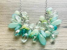 Load image into Gallery viewer, Green Chunky Cluster Necklace, silver and green beaded necklace, holiday jewelry, Shell pearl crystal necklace bib statement Necklace