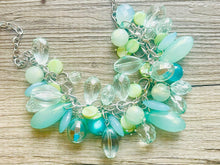 Load image into Gallery viewer, Green Chunky Cluster Necklace, silver and green beaded necklace, holiday jewelry, Shell pearl crystal necklace bib statement Necklace