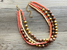 Load image into Gallery viewer, Coral Wood & Gold statement necklace, chunky bib beaded jewelry 5 strand neutral, wood multi strand wood thick bib vintage, brown gold