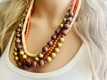 Load image into Gallery viewer, Coral Wood & Gold statement necklace, chunky bib beaded jewelry 5 strand neutral, wood multi strand wood thick bib vintage, brown gold