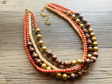 Load image into Gallery viewer, Coral Wood & Gold statement necklace, chunky bib beaded jewelry 5 strand neutral, wood multi strand wood thick bib vintage, brown gold
