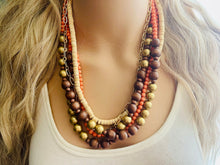 Load image into Gallery viewer, Coral Wood & Gold statement necklace, chunky bib beaded jewelry 5 strand neutral, wood multi strand wood thick bib vintage, brown gold