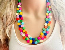 Load image into Gallery viewer, Rainbow Double Statement Necklace, Chunky Jewelry Big Beaded Necklace, colorful Necklace, baby pink blue green white Jewelry bubble Earrings
