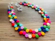 Load image into Gallery viewer, Rainbow Double Statement Necklace, Chunky Jewelry Big Beaded Necklace, colorful Necklace, baby pink blue green white Jewelry bubble Earrings