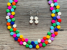 Load image into Gallery viewer, Rainbow Double Statement Necklace, Chunky Jewelry Big Beaded Necklace, colorful Necklace, baby pink blue green white Jewelry bubble Earrings