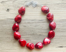 Load image into Gallery viewer, Red Swirl Necklace, single strand jewelry, big beaded chunky statement necklace, red resin painted bridesmaid necklace, bib necklace