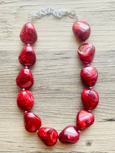 Load image into Gallery viewer, Red Swirl Necklace, single strand jewelry, big beaded chunky statement necklace, red resin painted bridesmaid necklace, bib necklace