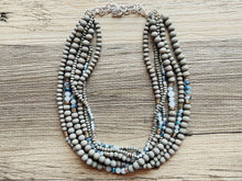 Load image into Gallery viewer, Gray Skys & Silver Blues statement Necklace, dyed gray wood beaded chunky bib wedding crystals, dark navy blue 6 strand jewelry, chunky bib