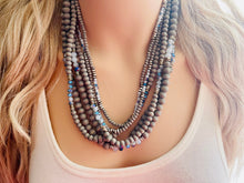 Load image into Gallery viewer, Gray Skys & Silver Blues statement Necklace, dyed gray wood beaded chunky bib wedding crystals, dark navy blue 6 strand jewelry, chunky bib