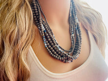 Load image into Gallery viewer, Gray Skys & Silver Blues statement Necklace, dyed gray wood beaded chunky bib wedding crystals, dark navy blue 6 strand jewelry, chunky bib