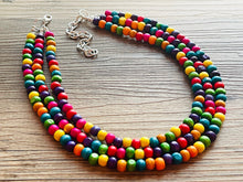 Load image into Gallery viewer, Cobblestone Chunky Rainbow Beaded Necklace, 3 Strand Colorful Jewelry statement necklace, wood big beaded necklace, rainbow jewelry baby