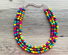 Load image into Gallery viewer, Cobblestone Chunky Rainbow Beaded Necklace, 3 Strand Colorful Jewelry statement necklace, wood big beaded necklace, rainbow jewelry baby