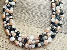 Load image into Gallery viewer, Neutral Gold Chunky Statement Necklace, multi Strand Beaded Jewelry Champagne gray glass jewelry, 3 strand chunky bib confetti fall necklace