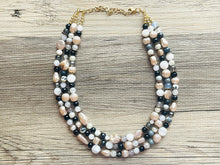 Load image into Gallery viewer, Neutral Gold Chunky Statement Necklace, multi Strand Beaded Jewelry Champagne gray glass jewelry, 3 strand chunky bib confetti fall necklace