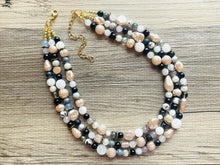 Load image into Gallery viewer, Neutral Gold Chunky Statement Necklace, multi Strand Beaded Jewelry Champagne gray glass jewelry, 3 strand chunky bib confetti fall necklace