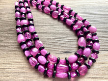 Load image into Gallery viewer, Orchid Purple + Black Chunky Statement Necklace, Big beaded jewelry, Triple Strand Statement Necklace, Bib gold, bridesmaid wedding